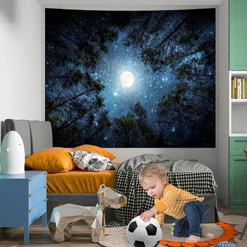 Vista 2 de Apdidl Tapiz estrellado de galaxia forestal para techo de dormitorio, espacio azul, cielo estrellado, luna, estrellas, tapiz estético, telón