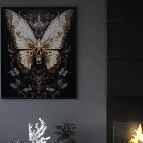 Vista 4 de Póster de polilla de esqueleto, arte de pared gótico para decoración del hogar, calavera y mariposa, lienzo decorativo de pared para niños y niñas