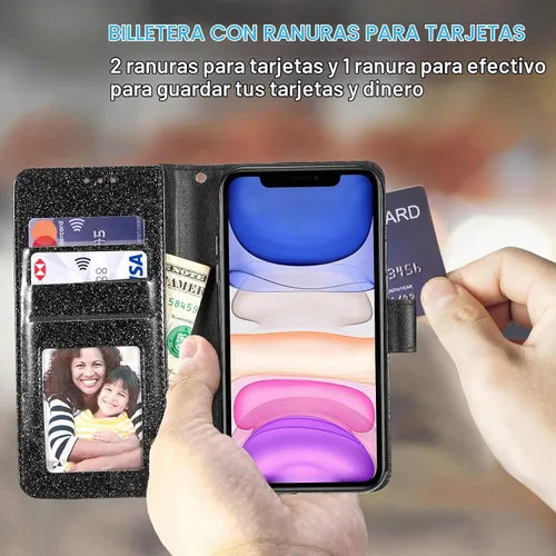 Vista 2 de UEEBAI Funda tipo cartera para iPhone 11, funda de piel sintética con purpurina para teléfono, ranuras para tarjetas, funda con función atril Negro