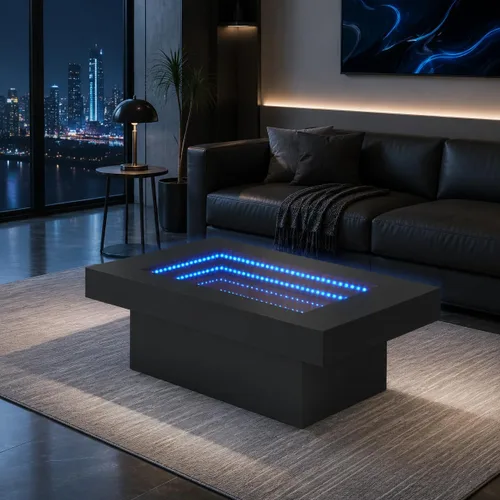 Vista 14 de FKWin Mesas de centro modernas negras – Mesa de centro cuadrada con espejo de profundidad infinita con luces LED, mesa negra para sala de estar