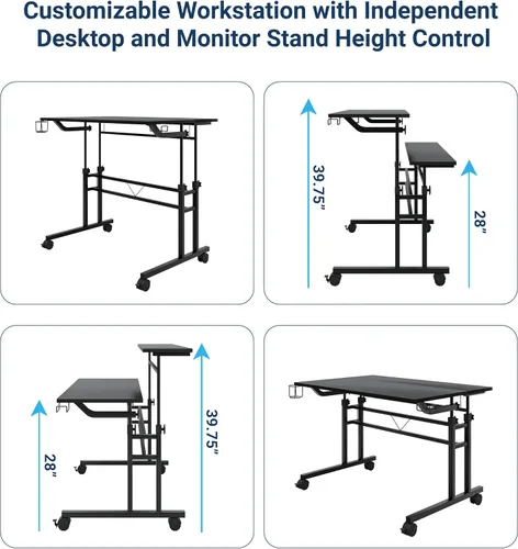 Vista 7 de Techni Mobili Escritorio con ruedas de altura ajustable con soporte para tazas, color negro