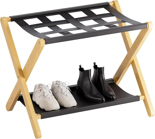 Vista 9 de HITNET Portaequipajes para habitación de invitados, soporte de maleta plegable, soporte de equipaje de hotel de bambú con estante de almacenamiento