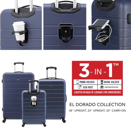 Vista 2 de Wrangler - Juego de piezas de equipaje inteligente con portavasos y puerto USB, Azul marino