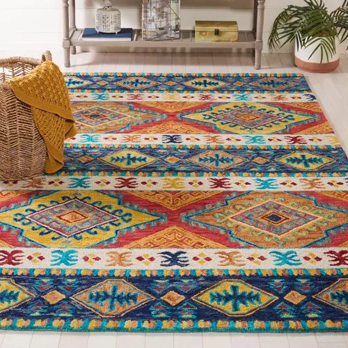 Vista 10 de SAFAVIEH Aspen Collection APN502A - Alfombra decorativa de lana bohemia hecha a mano de 2 x 3 pies, color azul marino/marfil
