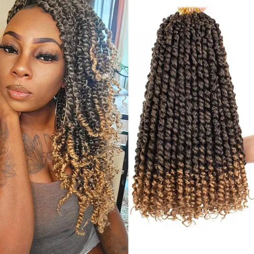 Vista 11 de Leeven Cabello rubio degradado de 14 pulgadas, pretrenzado y trenzado de pasión, 8 paquetes de extensiones de cabello sintético bohemio para mujeres