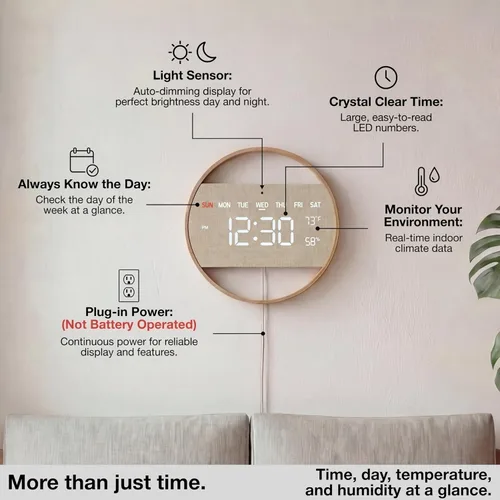 Vista 4 de Driini Reloj de pared digital grande – Reloj de pared de madera de bambú digital redondo con pantalla grande – Reloj de pared LED – Atenuación
