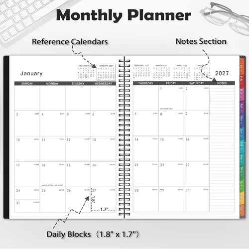 Vista 5 de Agenda mensual 2027, enero 2027-diciembre 2027, 9 x 11 pulgadas Agenda de 12 meses con bolsillo interior y pestañas mensuales coloridas, ideal