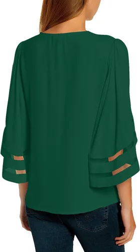 Vista 2 de LookbookStore - Blusa para mujer con paneles de malla, cuello en V, mangas acampanadas 34 y corte holgado