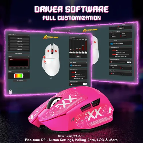 Vista 9 de ATTACK SHARK V6 - Mouse inalámbrico para juegos de 2.29 oz con base de carga magnética RGB, BT/2.4G inalámbrico/con cable, sondeo 1K, sensor PixArt