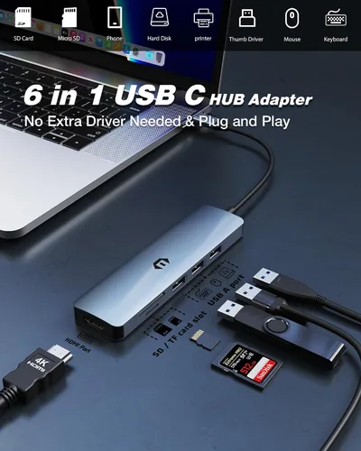 Vista 4 de Hub USB C 6 en 1, adaptador USB C, USB 3.0, HDMI 4K, 2 USB 2.0, lector de tarjetas SD/TF, estación de acoplamiento para dispositivos Mac Pro/Air