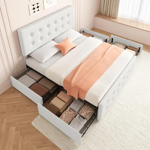 Vista 9 de IDEALHOUSE Marco de cama tamaño completo con 4 cajones de almacenamiento y cabecero, marco de cama plataforma tapizada en cuero sintético con Beige