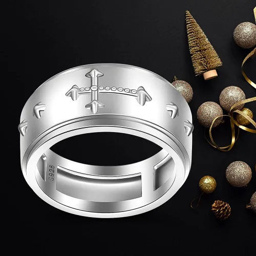 Vista 3 de Anillo giratorio con rosario en cruz para la ansiedad, para mujeres, adolescentes, plata de ley con oración a través de él, anillos cruzados