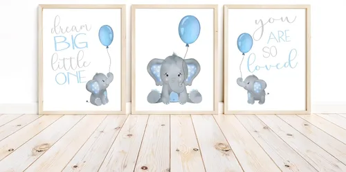 Vista 2 de Juego de 3 impresiones artísticas de acuarela para bebé, niño, elefante, guardería, sin marco, en azul y gris, Dream Big Little One, You Are So Loved