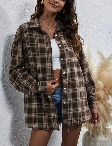 Vista 2 de HangNiFang - Camisas de franela para mujer, de gran tamaño, con botones, a cuadros