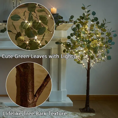 Vista 3 de Fudios Árboles iluminados para interiores de 4 pies con 160 luces LED de eucalipto artificial con luces para exteriores, planta falsa