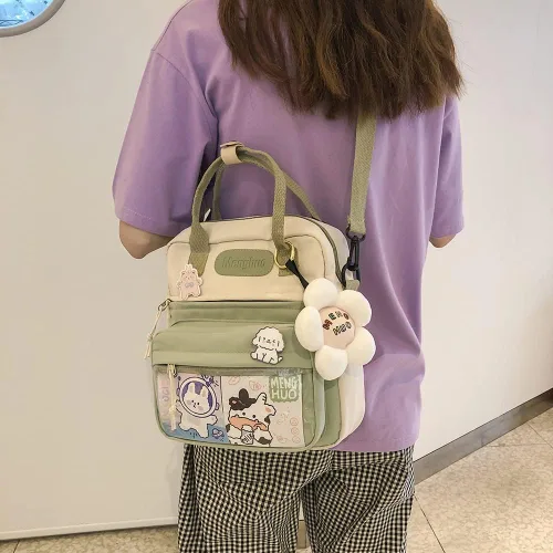 Vista 2 de JQWSVE Mochila Kawaii con alfileres y accesorios Kawaii, mochila estética Kawaii, mochila japonesa para uniforme JK, A01-verde, Kawaii