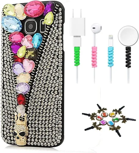 Vista 11 de Sparkle Funda compatible con Samsung Galaxy J2 Prime – Elegante funda 3D hecha a mano con diseño de calavera grande con protector de cable