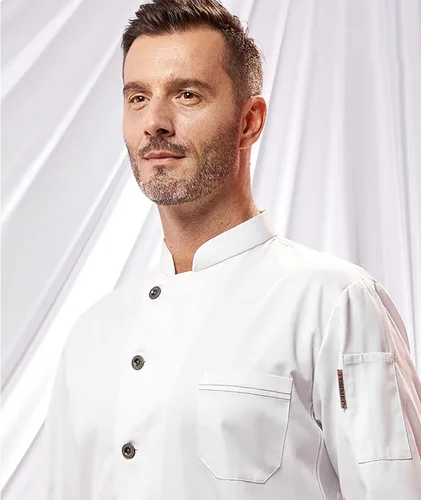 Vista 4 de Men Stand-Up Collar Chef Coat 34 Sleeve Lightweight Chef Jacket Chef Uniform With 2-Pockets Professional
