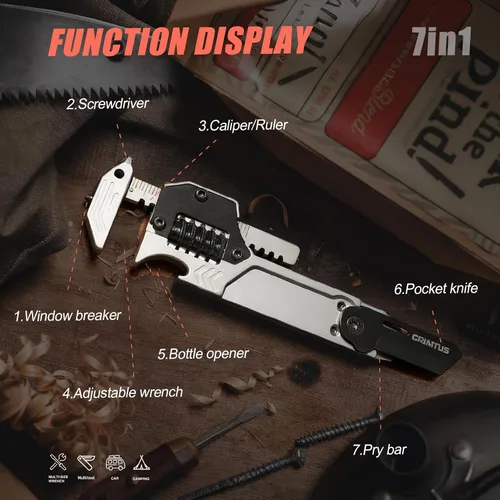 Vista 2 de Herramienta multiusos EDC Gear Multitool 7 en 1 con llave, abridor de botellas, rompecristales de ventana de coche, barra de palanca, destornillador