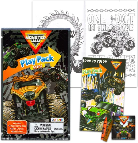 Vista 2 de Monster Jam Mini Party Favors Set para niños – Paquete con 24 mini paquetes de juego Monster Jam Grab n Go con páginas para colorear, calcomanías