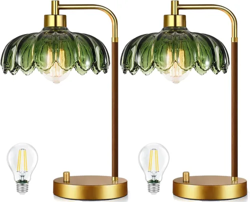 Vista 12 de ILLMTW Lámpara de mesa de flores para dormitorio, sala de estar, pequeñas lámparas doradas, regulables, estilo bohemio, con pantalla de cristal