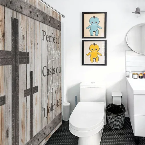 Vista 4 de Cortina de ducha de madera estilo granja para baño, tablero de madera marrón rústica con versículo bíblico y cruz, casa de campo rural, granero
