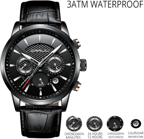 Vista 4 de CRRJU Relojes de pulsera con cronógrafo casual de cuarzo para hombre impermeable correa de cuero negro