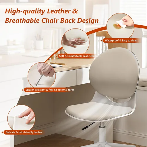 Vista 4 de Silla moderna de oficina en casa, silla de escritorio de tela de piel sintética sin brazos con respaldo medio, silla giratoria de altura ajustable