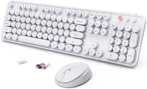 Vista 14 de SkyGive - Combo de teclado y mouse inalámbricos, teclado ergonómico de tamaño completo con diseño retro tipo máquina de escribir, con teclas