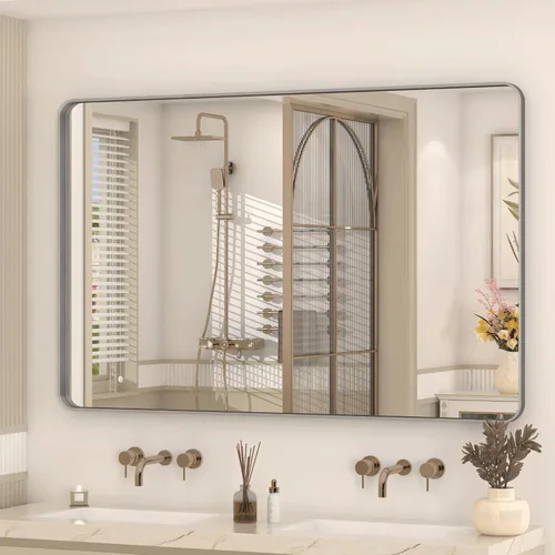 Vista 37 de Paquete de 2 espejos de baño con marco de metal negro de 22 x 30 pulgadas, espejo rectangular redondeado negro mate, antioxidante, se cuelga