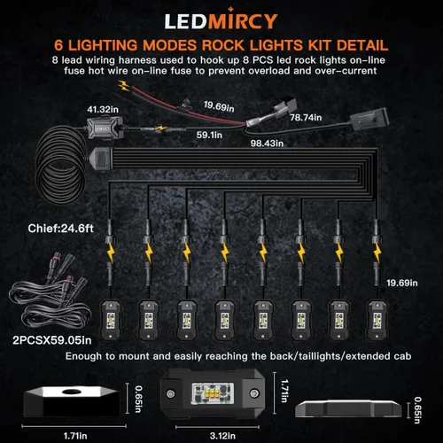 Vista 6 de LEDMIRCY Switchback Kit de Luces LED para Rocas Blanco/Ámbar Estroboscópicas con Arnés de Cableado 8 Módulos 6 Modos Función de Reinicio Función