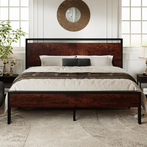 Vista 15 de Base de cama Allewie de tamaño individual con cabecero y pie de cama de madera, soporte de listones de metal resistentes, no requiere somier