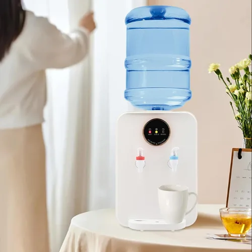 Vista 4 de Dispensador de agua de encimera de carga superior de 110 V, mini enfriador de agua con agua caliente, fría y a temperatura ambiente, dispensador