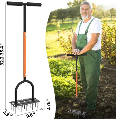 Vista 6 de Herramienta aireadora de césped, aireador manual resistente para césped (naranja) con 15 picos de hierro, altura ajustable, diseño de junta