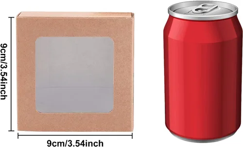 Vista 3 de BENECREAT Paquete de 20 cajas cuadradas de papel kraft de 3.5 x 3.5 x 1.2 pulgadas, caja de cajón con tapa de ventana de PVC para fiesta de Marrón