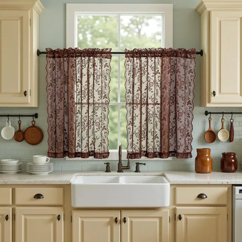 Vista 32 de FINECITY 2 paneles de cortinas de encaje beige de 36 pulgadas de largo con hojas florales rústicas, cortinas cortas y transparentes para ventana