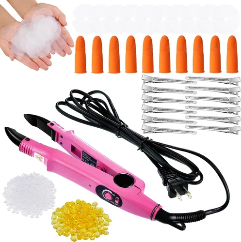 Vista 9 de Kit de extensión de cabello de queratina: plancha térmica, gránulos de pegamento de queratina, plantillas protectoras, pinzas para el cabello y Negro