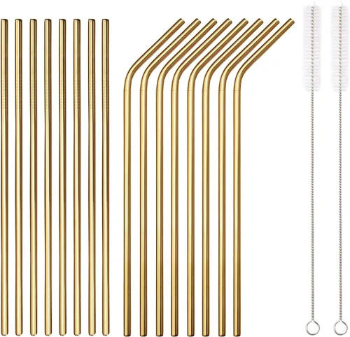 Vista 8 de 18 popotes de acero inoxidable de cobre, popotes reutilizables de oro rosa de 8.5 pulgadas, con bolsa portátil (8 rectos/8 doblados/2 cepillos)