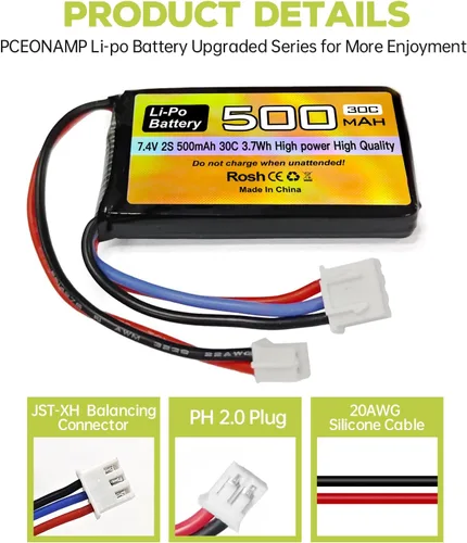 Vista 4 de Batería Lipo de 7.4 V, 500 mAh, 30 C, batería de drones con enchufe PH2.0 para modelos de automóvil AX24 SCX24 RC compatibles con la mayoría