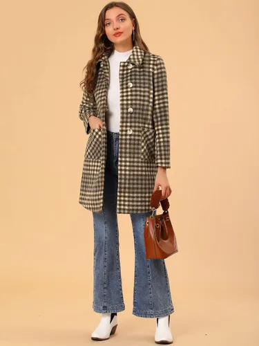 Vista 2 de Allegra K Abrigo largo a cuadros de mezcla de lana elegante de invierno con cuello de rotación para mujer
