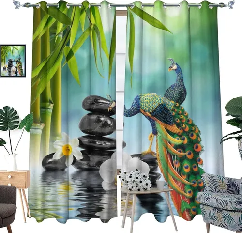 Vista 3 de Cortinas opacas de estilo japonés para dormitorio, hermoso pavo real, spa, verde, bambú, piedra negra, con ojales, aislamiento térmico, para Jardín