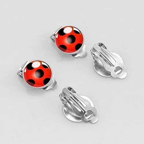 Vista 2 de Aretes de mariquita con clip, sin perforación, diseño de mariquita, joyería con brazalete de oreja plateado, dije rojo con punto negro para niña