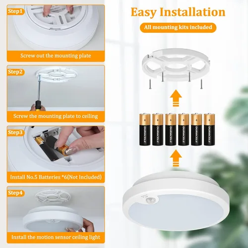 Vista 6 de Paquete de 2 luces de techo LED con sensor de movimiento operadas por batería para interiores, lámpara de montaje empotrado inalámbrica regulable