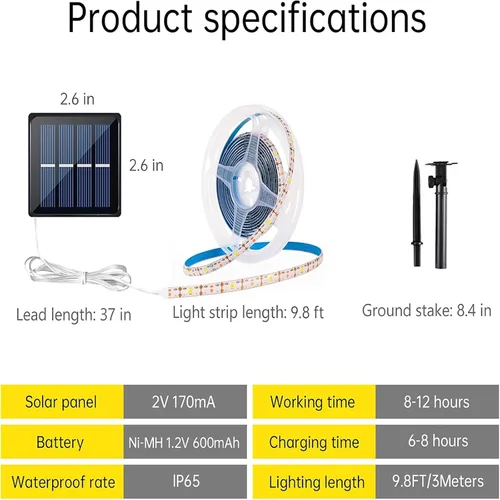 Vista 9 de Tira de luces LED solares para exteriores, impermeable, 10 pies, cinta cortable, iluminación de 3000 K, blanco cálido con 8 modos para valla
