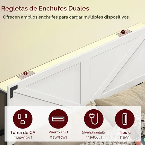 Vista 4 de MAHANCRIS Cabecera Solo Tamaño Queen, Cabecera con 2 Tomacorrientes y 4 Puertos USB, Cabecera Estilo Granja, con Luces LED, Almacenamiento Seguro