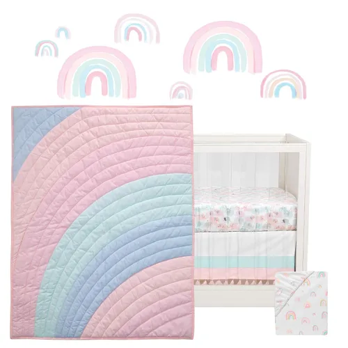 Vista 2 de Lambs & Ivy Juego de ropa de cama para cuna de bebé de 5 piezas con diseño de acuarela color rosa pastel