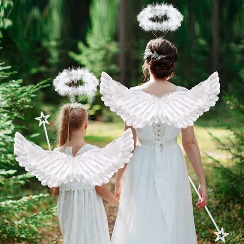 Vista 4 de Alas de ángel para adultos, alas de ángel y halo para niños y mujeres, alas de plumas, disfraz de Halloween para niños