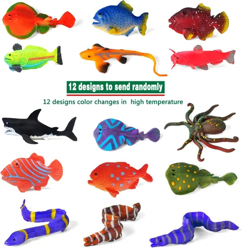 Vista 4 de Paquete de 12 juguetes de baño que cambian de color con animales marinos, figuras de animales oceánicos que cambian de color, juguetes de baño sin