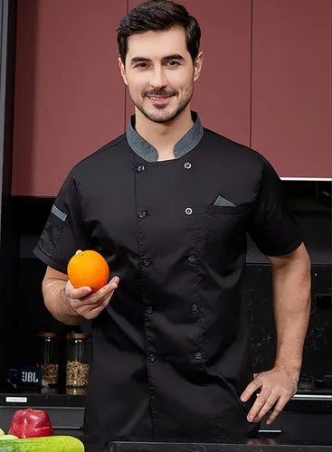 Vista 5 de Chaqueta de chef unisex con doble botonadura trasera, malla completa, ligera, costura de color, uniforme de chef