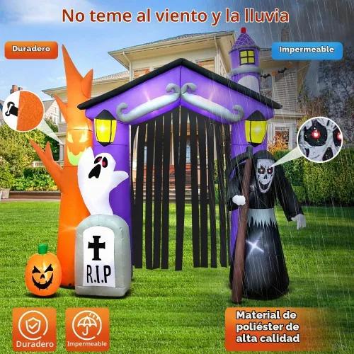 Vista 5 de Inflables de Halloween de 9 pies para decoración de castillo embrujado con luz LED, inflables de Halloween para exteriores, inflables
